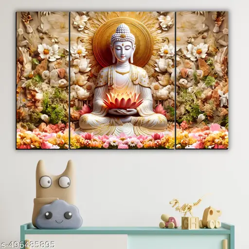 Buddha Meditating Wall Art Modern Painting Digital Reprint 12 inch x 18 inch Painting (Without Frame, Pack of 3)