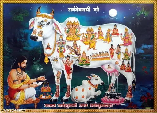 CRAFT VALLEY- Kamdhenu Cow Hd Poster Gloss Laminet, Size 12*18 Inch, 300Gsm Paper, For Room Decor, Home Decore