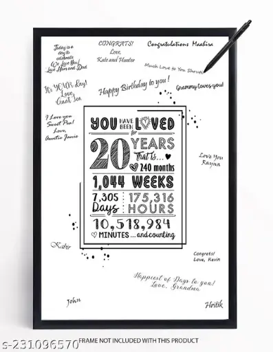 PRINTNET 20th Birthday Decorations for Women Men - Cute Guest Book Alternative - Great 20 Year or Gift for 20 Year Old Female Male - 12x18 inch Signature Poster -20 Years Loved (Unframed)