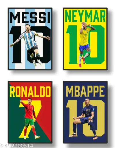 Football Posters | Set of 4 , Size:A4 21*30 cm|Ronaldo Poster | Messi poster| Neymar Poster | Home Decor| Wall posters