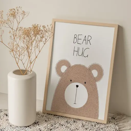 BOSSICA Nursery Kids Wall Framed Poster BEAR HUG Cute Baby Poster for Pregnant Women Boho Woodland Baby style Artworks Nursery Wall decor Baby room Wall decor FRAMED Kids painting A4 size (21x30cms